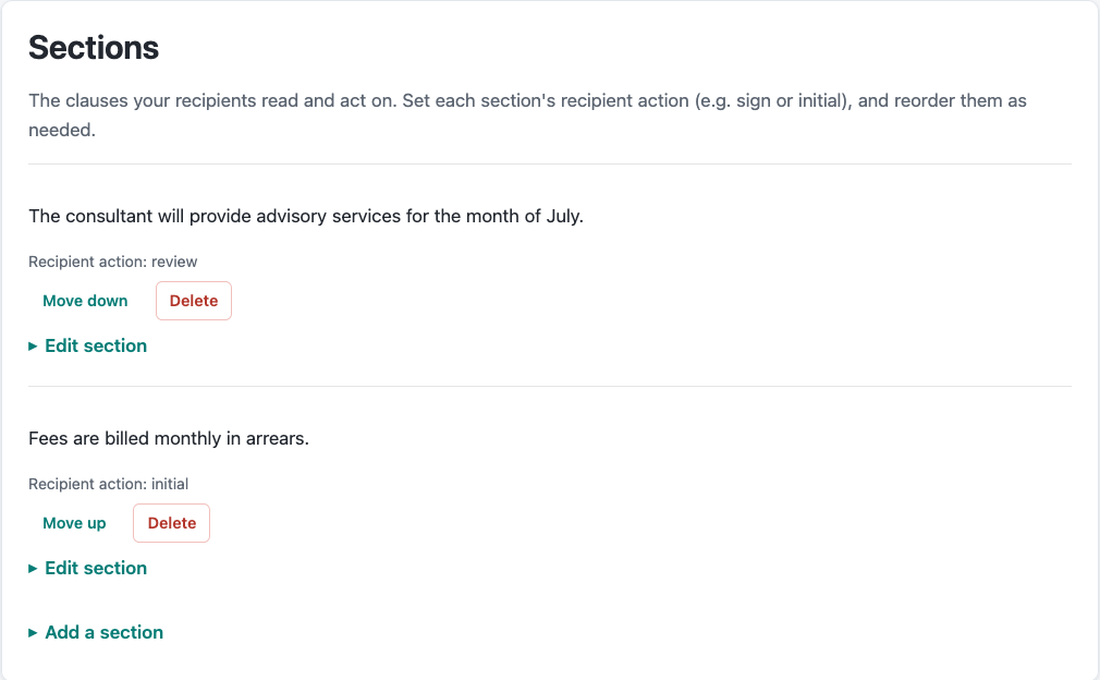 The contract builder's Sections card: clauses with per-section recipient actions and reordering
